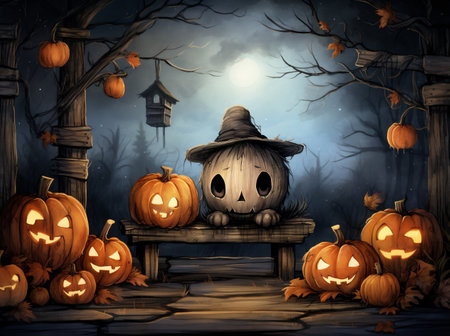 Halloween background with pumpkins and witch on bench in dark forestの素材