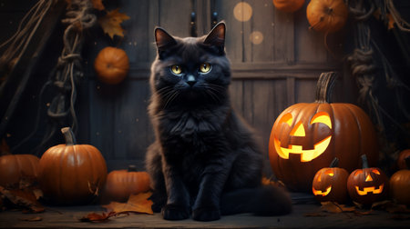 Black cat sitting in front of Halloween pumpkins. Halloween background.の素材