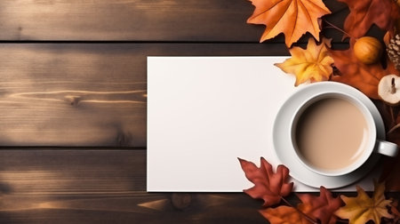 Coffee cup and autumn leaves on wooden table. Top view with copy spaceの素材