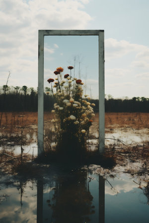 Reflection of trees and flowers in the water of a flooded fieldの素材