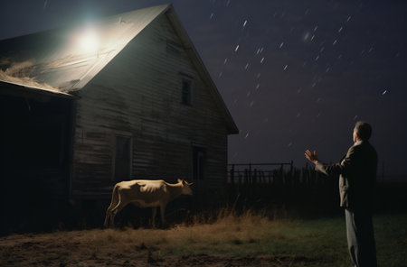 Man looking at a cow in the field at night in front of a barn. Paranormal conceptの素材