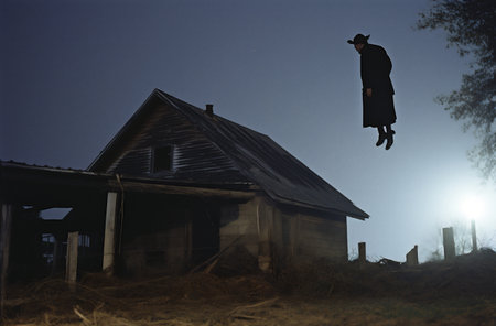 A silhouette of a man in a hat and a cloak flying over an old wooden house. Paranormal conceptの素材