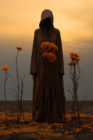 Silhouette of a witch with orange flowers in the desert.の素材