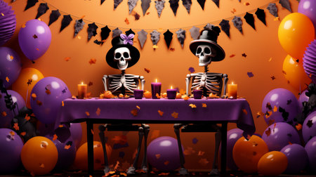 3D Illustration of a Halloween Party with a pair of skeleton and a table with candles.の素材