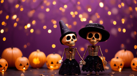 Halloween holiday background with pumpkins and witch on bokeh backgroundの素材