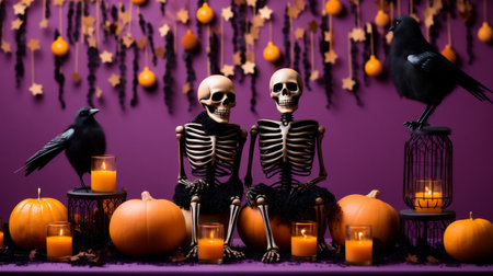 Halloween decoration with pumpkins, black ravens and candles on purple backgroundの素材