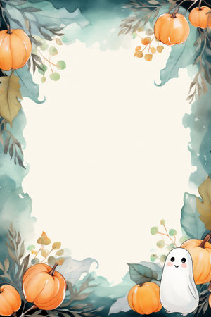 Halloween frame with pumpkins, ghosts and leaves.の素材