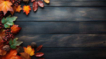 Autumn leaves on dark wooden background with copy space, top viewの素材