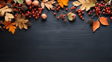 Autumn background with leaves and berries on a black wooden background.の素材