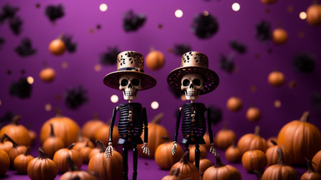 Halloween holiday concept. Skeleton and pumpkins on purple backgroundの素材