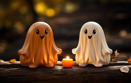 Halloween ghost and candle on wooden background. Happy Halloween concept.の素材