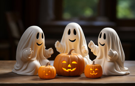Halloween pumpkins and ghost on wooden table in front of windowの素材