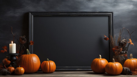 Halloween background with pumpkins and blackboard. Space for textの素材
