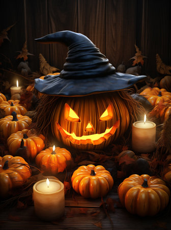 Halloween pumpkins with witch hat and candles on dark wooden backgroundの素材