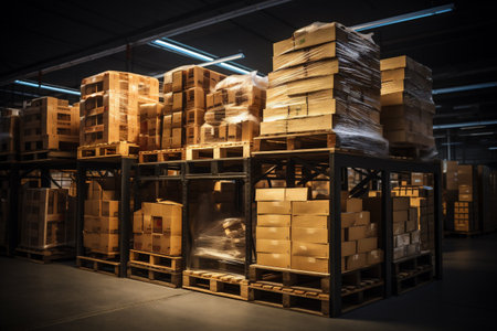 High angle view of warehouse with rows of pallets. Toned imageの素材