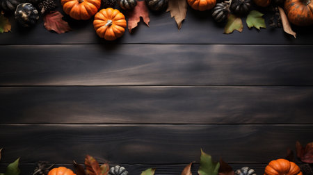Autumn background with pumpkins, leaves and pine cones on dark wooden boardの素材