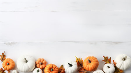 Autumn composition. Pumpkins, leaves on white wooden background. Flat lay, top view, copy spaceの素材