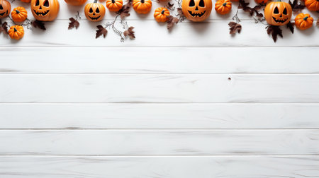 Halloween pumpkins on white wooden background with copy space for your textの素材