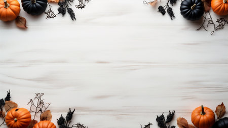 Halloween background with pumpkins and autumn leaves on white wooden backgroundの素材