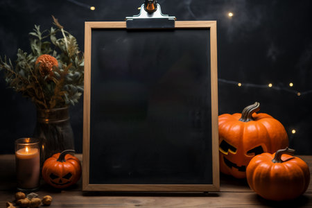 Halloween pumpkins and blackboard on wooden table with copy spaceの素材