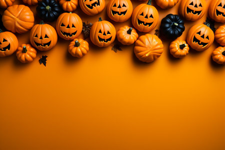 Halloween pumpkins on orange background with place for your text.の素材