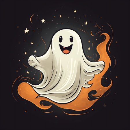 Halloween ghost flying on the night sky with stars.の素材