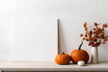 Halloween mockup with pumpkins, autumn leaves and blank white sheet of paper on a shelf.の素材