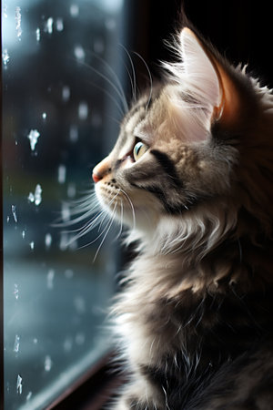 beautiful siberian cat looking out the window on a rainy dayの素材