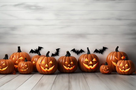 Halloween pumpkins and bats on wooden background. 3d renderの素材