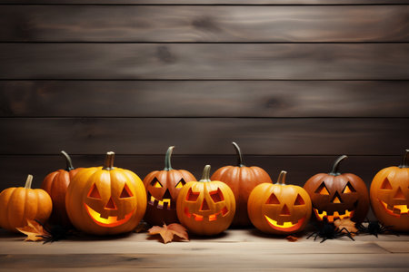 Halloween pumpkins on wooden background with copy space for your textの素材