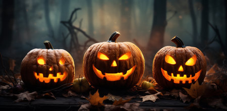 Halloween pumpkins in the dark forest.の素材