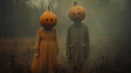 Halloween concept. Man and woman in autumn forest with pumpkinsの素材
