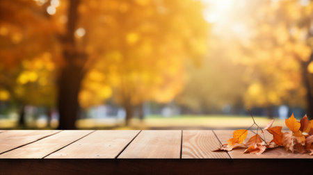 Wooden table with autumn leaves on bokeh background. Autumn conceptの素材