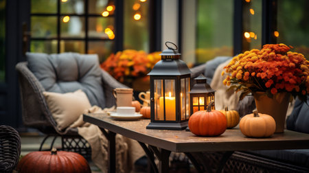 Halloween decoration with pumpkins, candles, candlesticks, lanterns and coffee cup on table.の素材