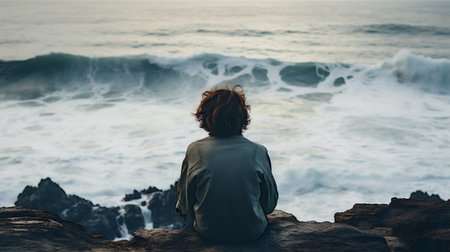 Young woman sitting on the cliff and looking at the ocean waves.の素材