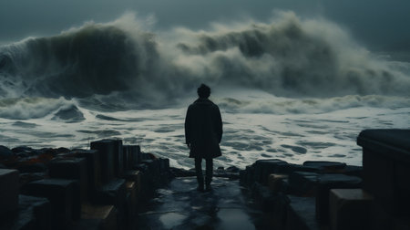 A man in a dark coat stands on the edge of a stormy sea and looks at the waves.の素材