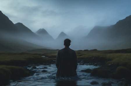 Rear view of a young man standing in the middle of a mountain river with foggy backgroundの素材