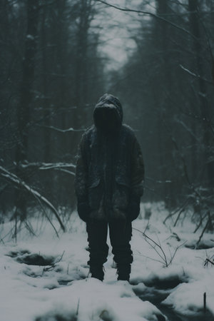 A man in a dark raincoat walks through the winter forest.の素材