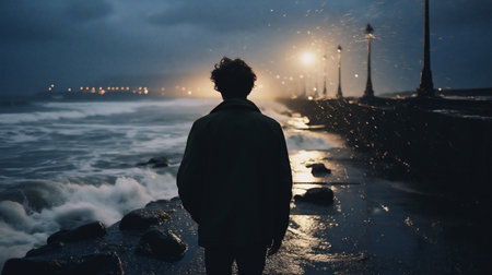 Man in a raincoat standing on the seashore at sunsetの素材