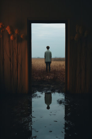 Man standing in front of an open door with reflection in the waterの素材