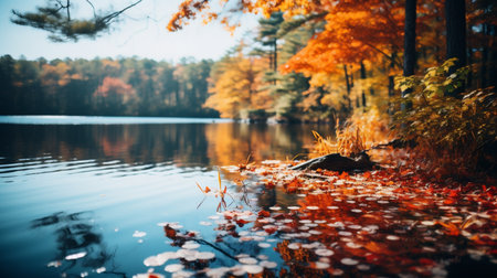 Beautiful autumn landscape with lake and colorful leaves in the forest.の素材