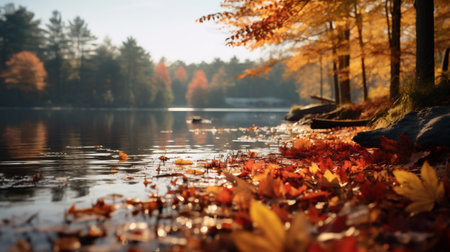 Autumn landscape with lake and forest. Colorful leaves on the water.の素材