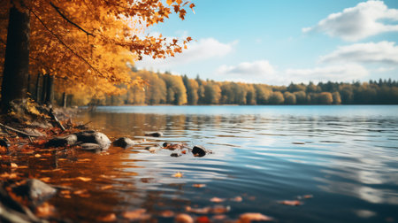 Autumn landscape with lake and yellow leaves on the shore. Soft focus.の素材