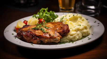 Grilled pork chops with mashed potatoes on a plate in a restaurantの素材