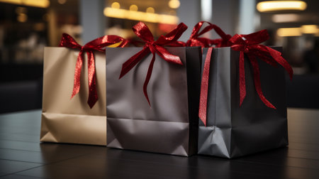 Shopping bags with red ribbons on a table in a restaurantの素材