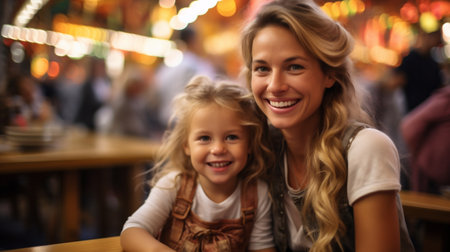 happy mother with little daughter at bar or pub. Octoberfest conceptの素材