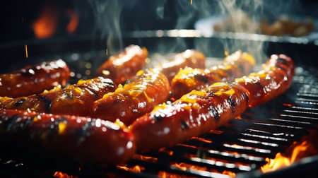 Grilling sausages on barbecue grill, close-up viewの素材