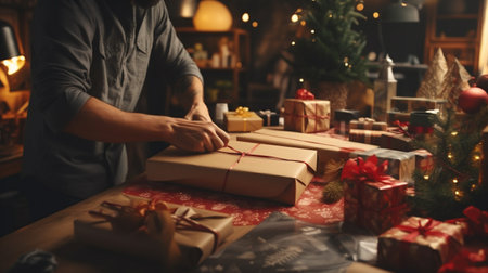 Cropped image of man wrapping christmas gifts in craft paper at homeの素材