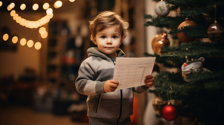 Cute little boy in grey hoodie and gray pants standing near Christmas tree and holding letter.の素材
