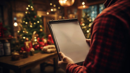 Close up of male hands holding clipboard with blank screen and christmas tree in backgroundの素材